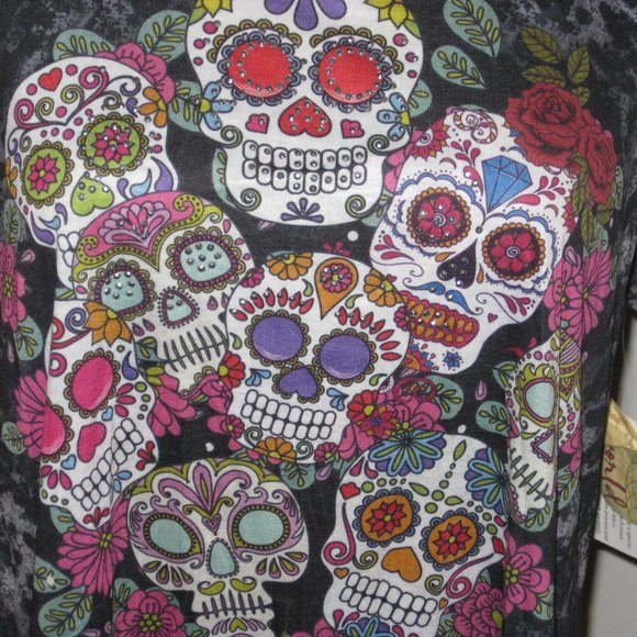 One World Plus Size 1x, 14,16, Dias De Los Muertos, Day of the Dead Tunic Top - Picture 2 of 7